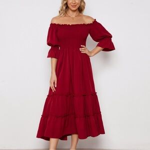 Off Shoulder Flutter Sleeve Solid Lettuce Trim Bohemian Red Dress
